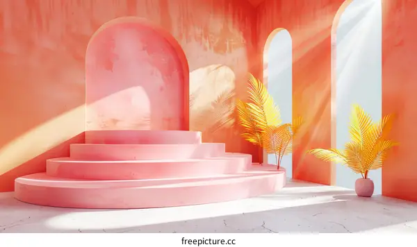 3d rendering of a pink podium with a plant in a pot on the right side
