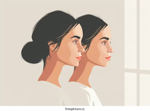 Two young women with dark hair looking out the window