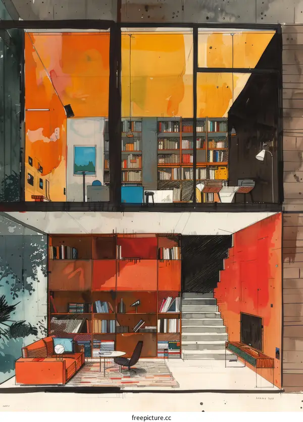 Modern House Interior with Library Design