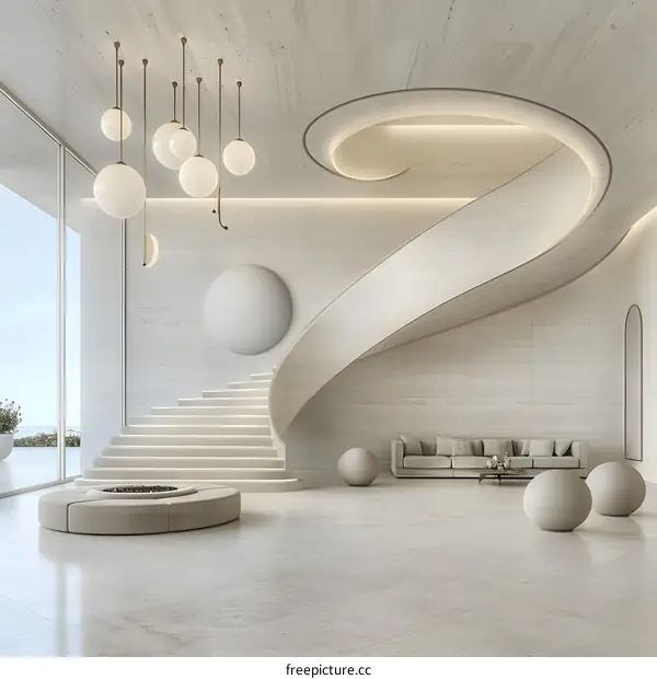 Modern Minimalist Interior Design with Spiral Staircase and White Marble Walls