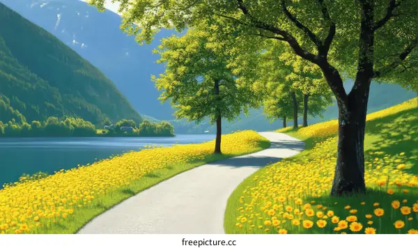 Scenic Lakeside Path Blooming with Yellow Flowers