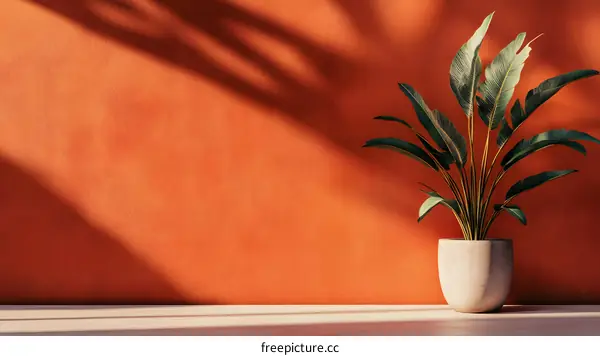 Minimalist Orange Wall With Tropical Plant