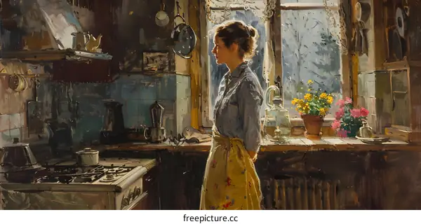 A woman standing in a kitchen looking out the window