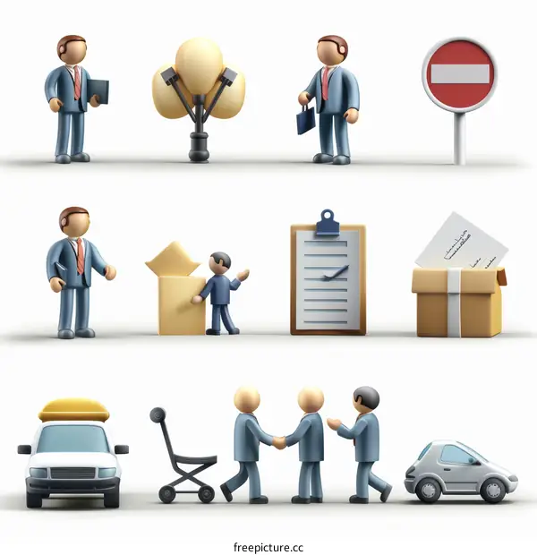 A 3D rendering of a group of businessmen in various poses