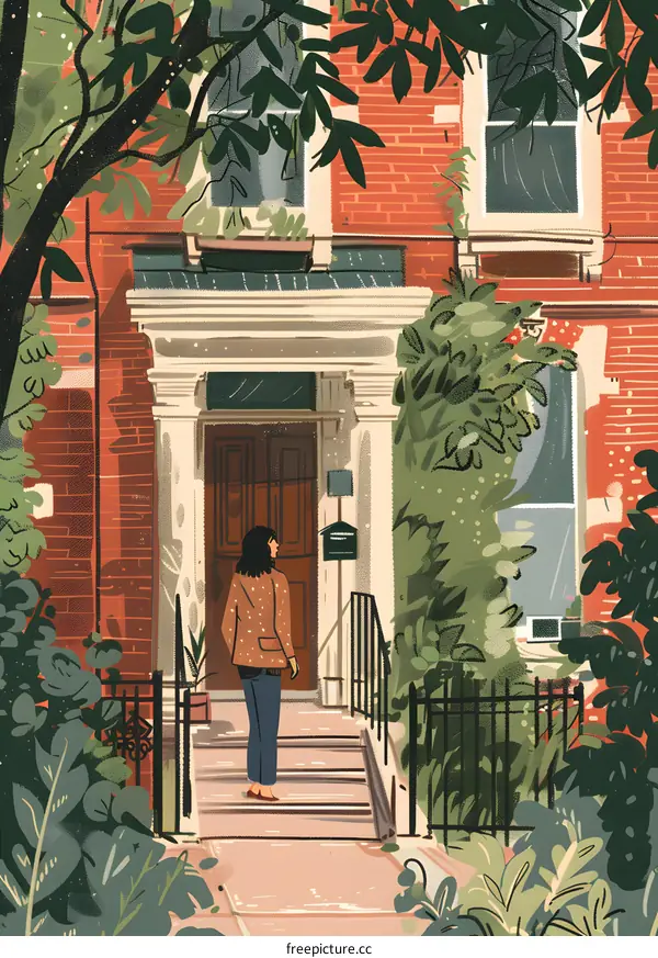 Woman Standing in Front of a Red Brick House with Green Plants