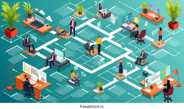 Illustration of a business process with people working in an office