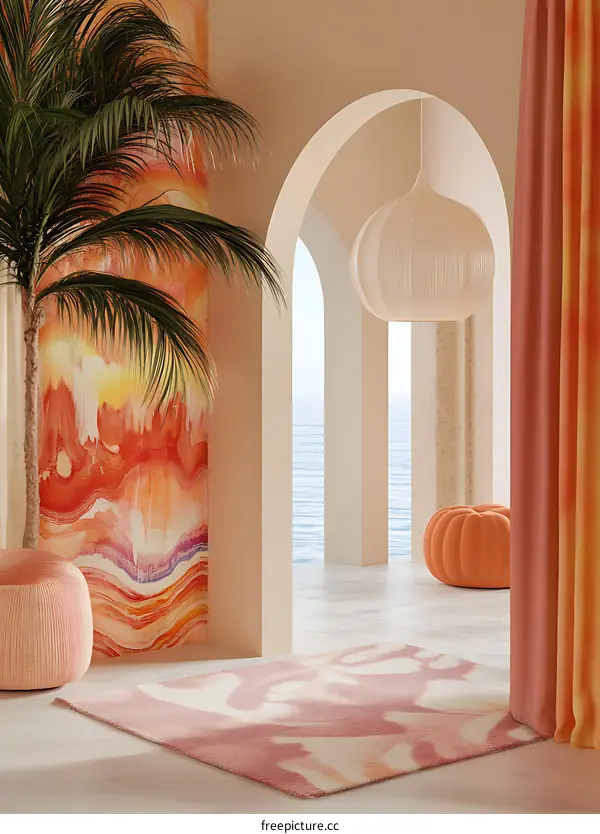 Abstract Orange Interior Design With Palm Tree