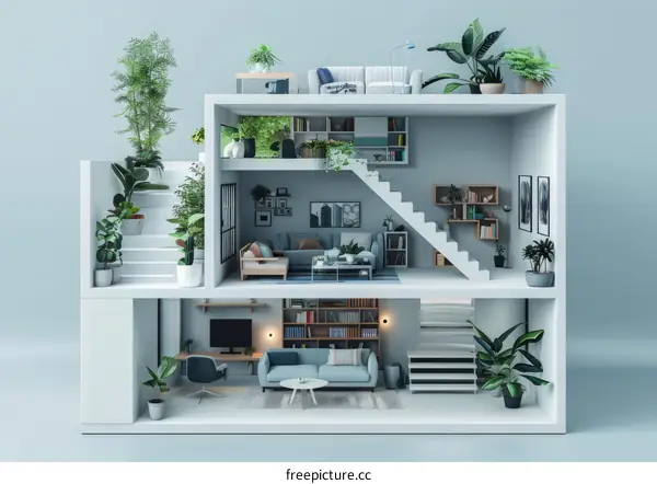 Modern Home Cutaway Illustration: Living Room, Kitchen, & Bedroom