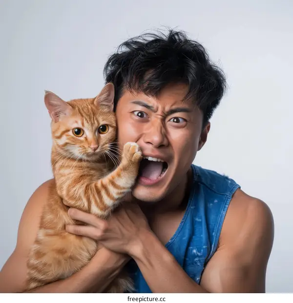 A ginger cat is biting an Asian man's cheek