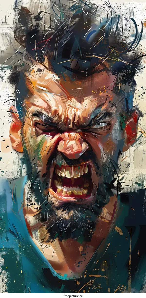 Digital painting of a mans face with a beard and his mouth open in a grimace