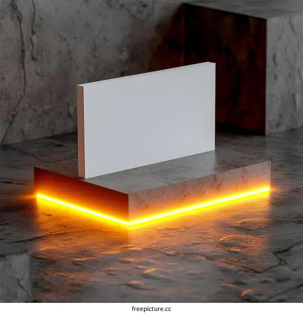 Blank white business card mockup on concrete podium with orange neon light