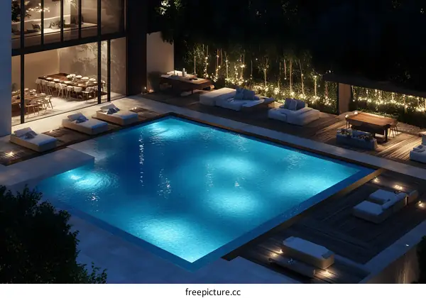 Modern Luxury Backyard with Swimming Pool at Night