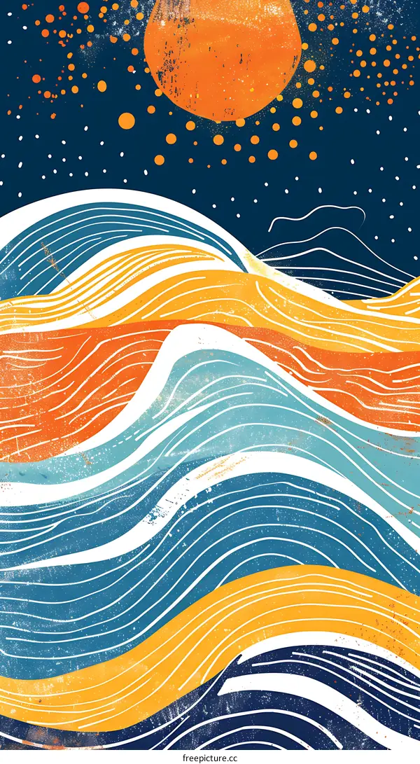 Abstract Ocean Wave Illustration with Sun and Stars