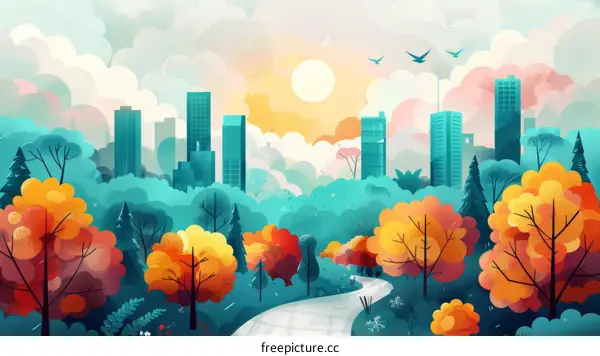 Colorful city park with a path in the middle