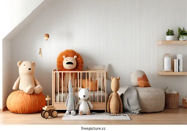 Cozy Nursery Room with Soft Toys and Natural Decor