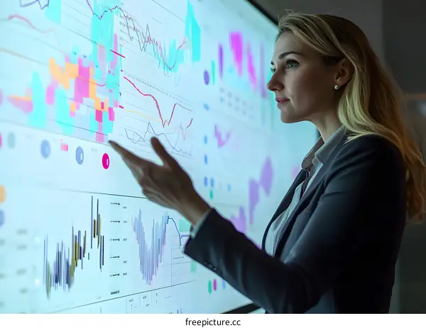 Businesswoman Analyzing Data on Large Screen