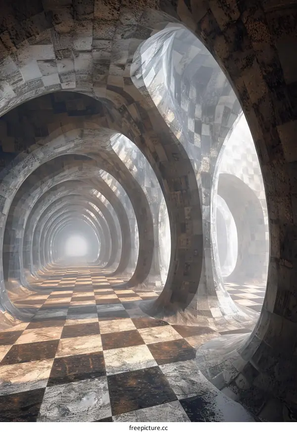 Futuristic Sci-Fi Corridor with Checkered Floor and Arched Passageways