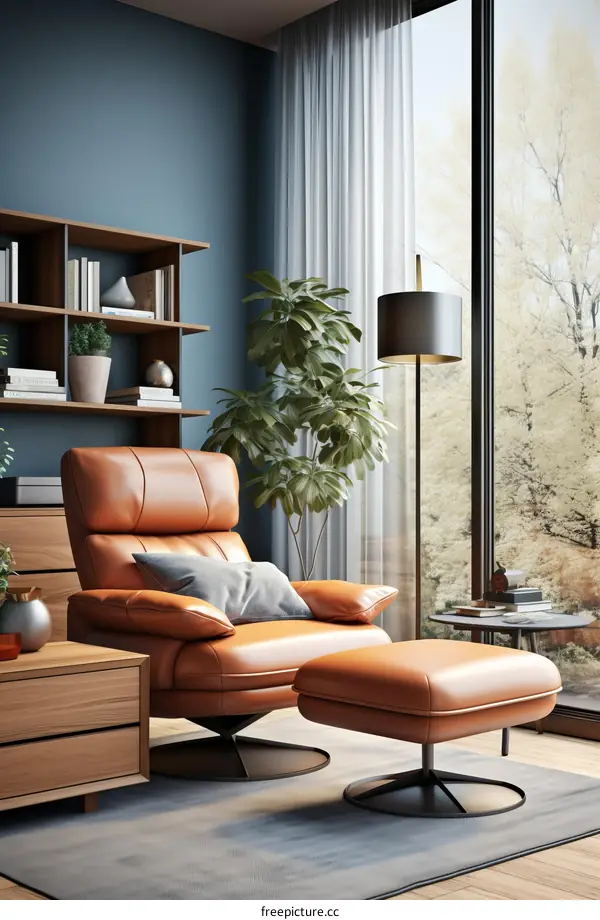 A stylish living room with a comfortable leather chair and ottoman