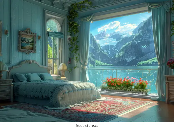 Azure Bedroom with Majestic Mountain View