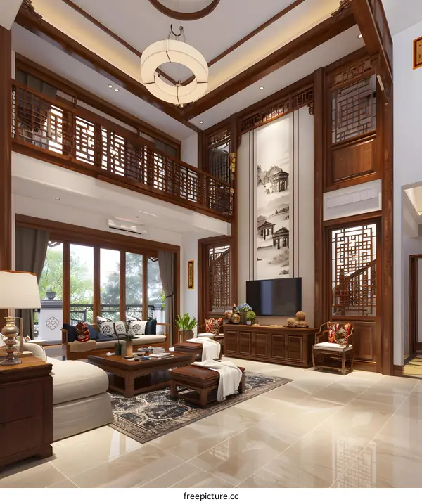 Modern Chinese Style Living Room Interior Design with Wooden Furniture and Large Windows