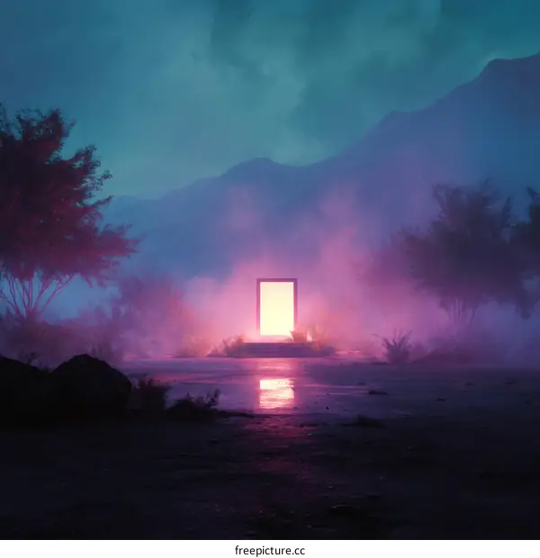Neon Glow Doorway in a Misty Landscape