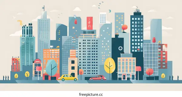 Cityscape Illustration With Skyscrapers and Cars