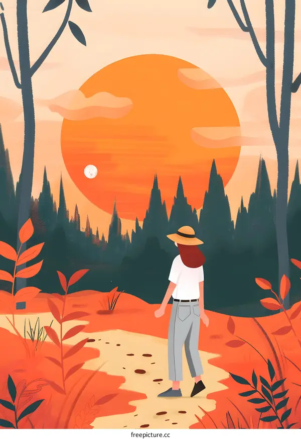 Woman Walking On Path Towards Sunset In Forest