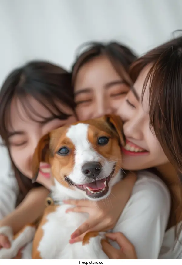 Three young Asian women hugging a small dog
