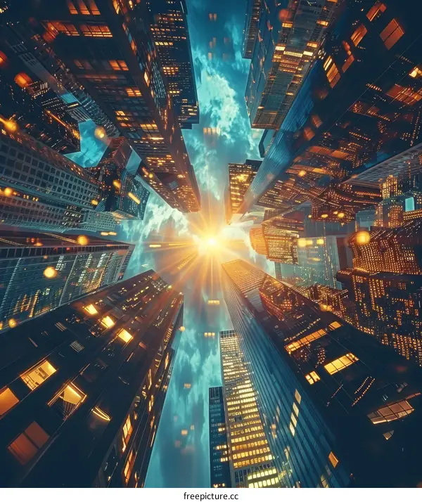 Looking up at Tall Skyscrapers with Blue Sky and Sun in Background