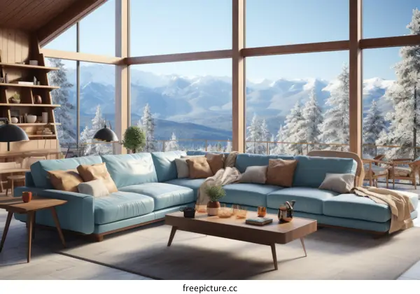Cozy Scandinavian Living Room with Snowy Mountain View