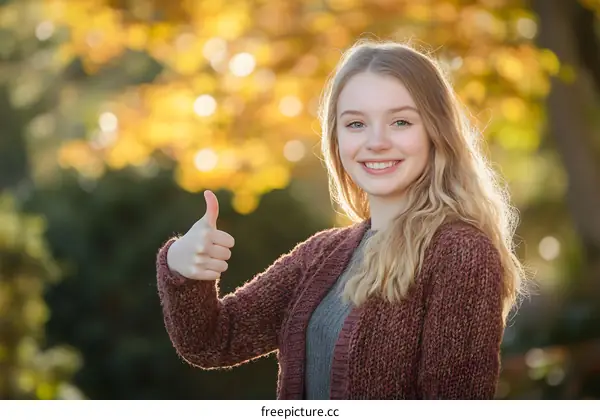 Smiling Woman Giving Thumbs Up in Autumn