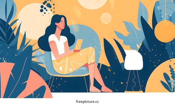 Woman Sitting in Chair with Phone in Hand in a Colorful Garden Illustration