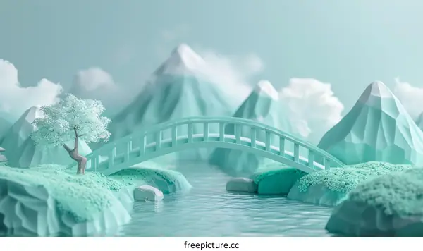 3D illustration of a bridge over a river in a mountainous landscape