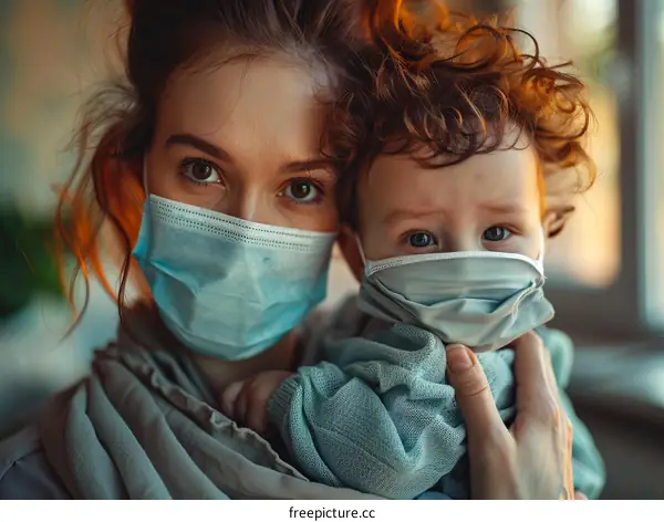 Toddler and mother wearing surgical masks during COVID-19 pandemic