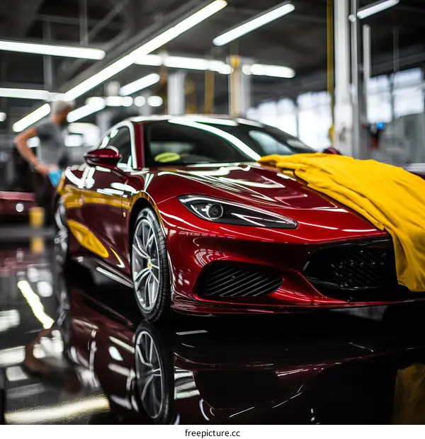 Red Ferrari Roma in Factory Under Yellow Cover