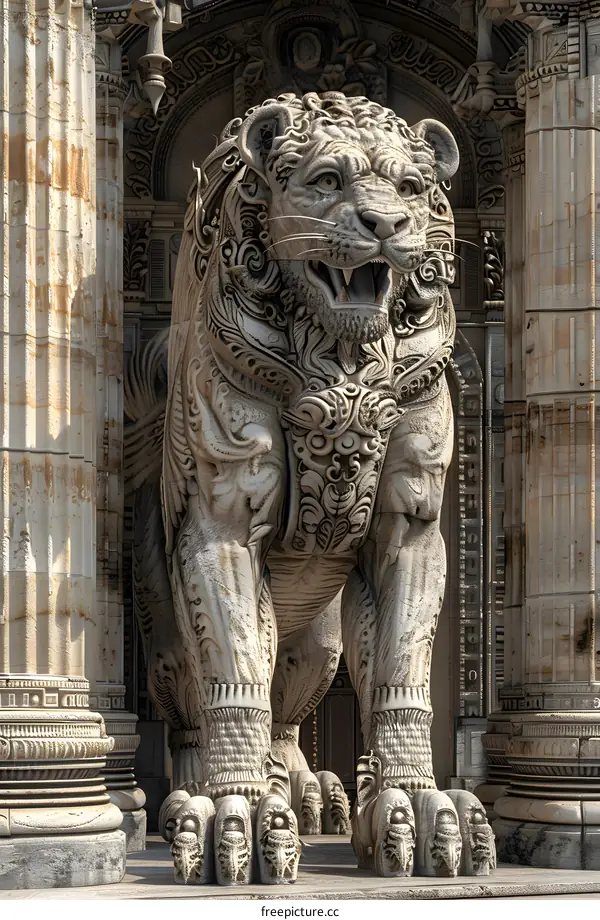 A lion sculpture with intricate details stands in front of a grand building.