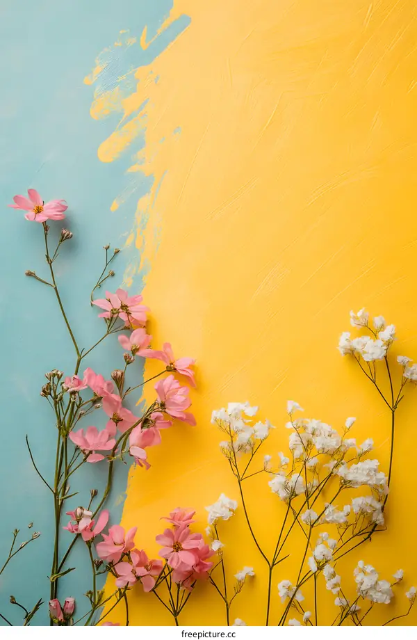 Pink and White Flowers on Blue and Yellow Background