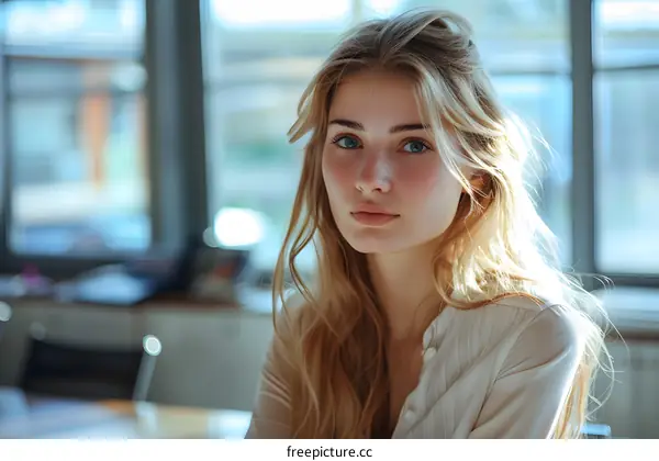 Portrait of a young woman with long blond hair and blue eyes
