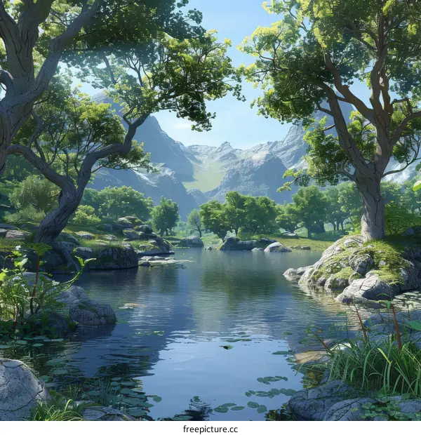 Fantasy Lake and Mountain Landscape