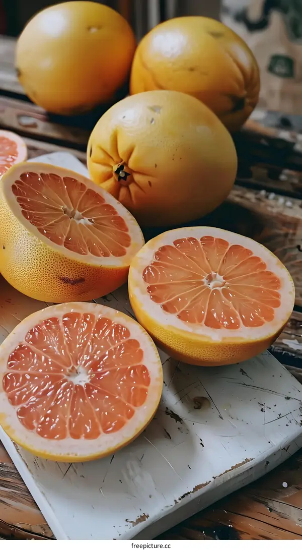 Fresh Juicy Grapefruits on White Cutting Board