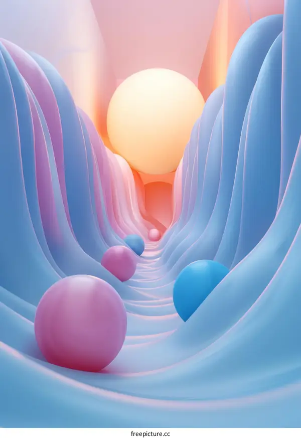 Pastel Pink and Blue Wavy Landscape with Spheres