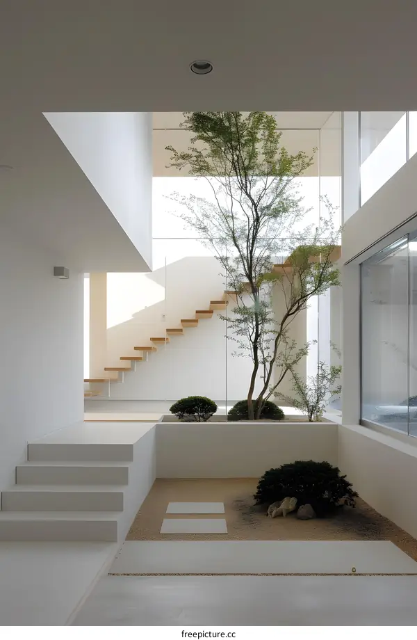 Modern Minimalist Interior Design with Glass Walls and a Zen Garden