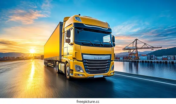 Yellow Truck on Highway at Sunset Port