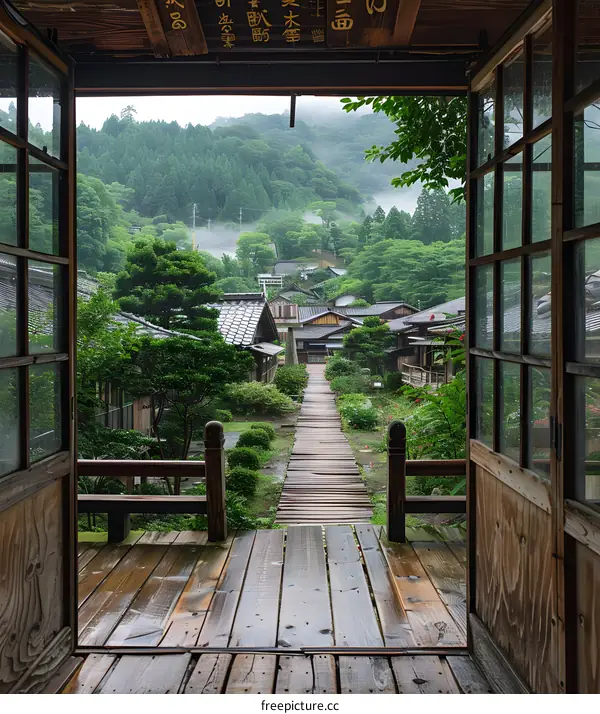 View of Japanese village through open doors