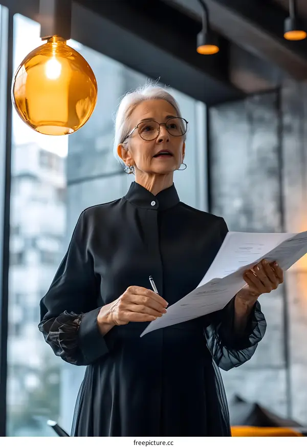 Elderly Woman in Black Dress Reading Documents in Office