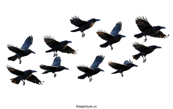 [Transparent Background PNG]A Flock of Crows in Flight