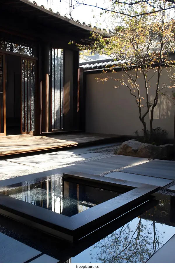 Japanese Garden Courtyard with Water Feature and Trees