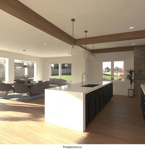 Modern Kitchen Interior Design with White Marble Island and Wood Beams