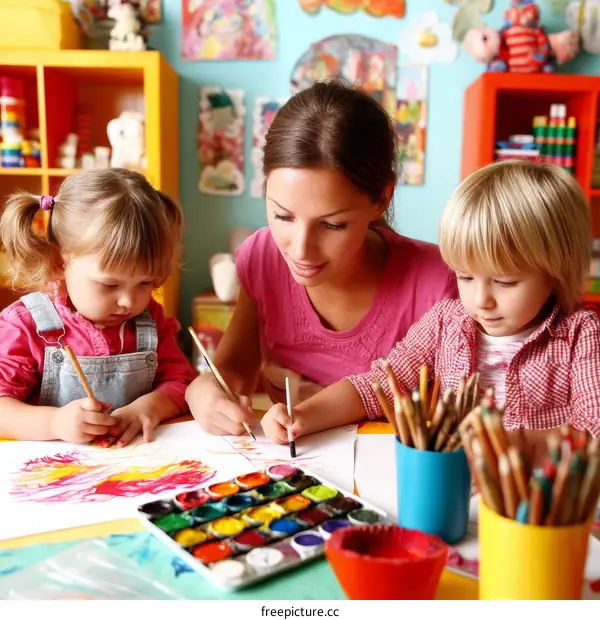 Preschool Children Painting with Teacher