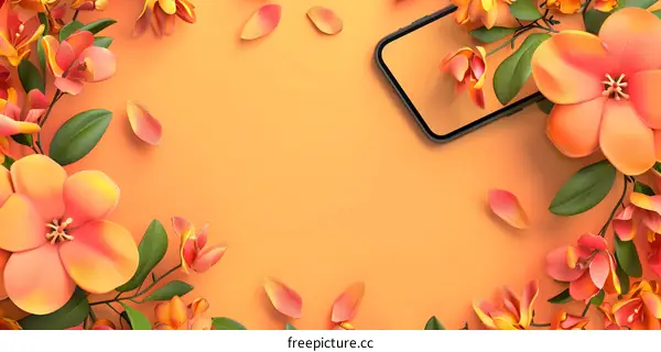 Orange Flowers and Phone on Orange Background